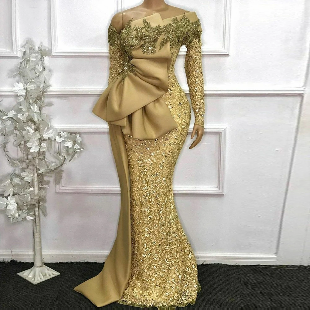 Gold Sequins Long Mother Of Bride Dresses for Wedding Party Mermaid Beaded Lace Full Sleeves Formal Evening Gowns Customized mother bride dresses