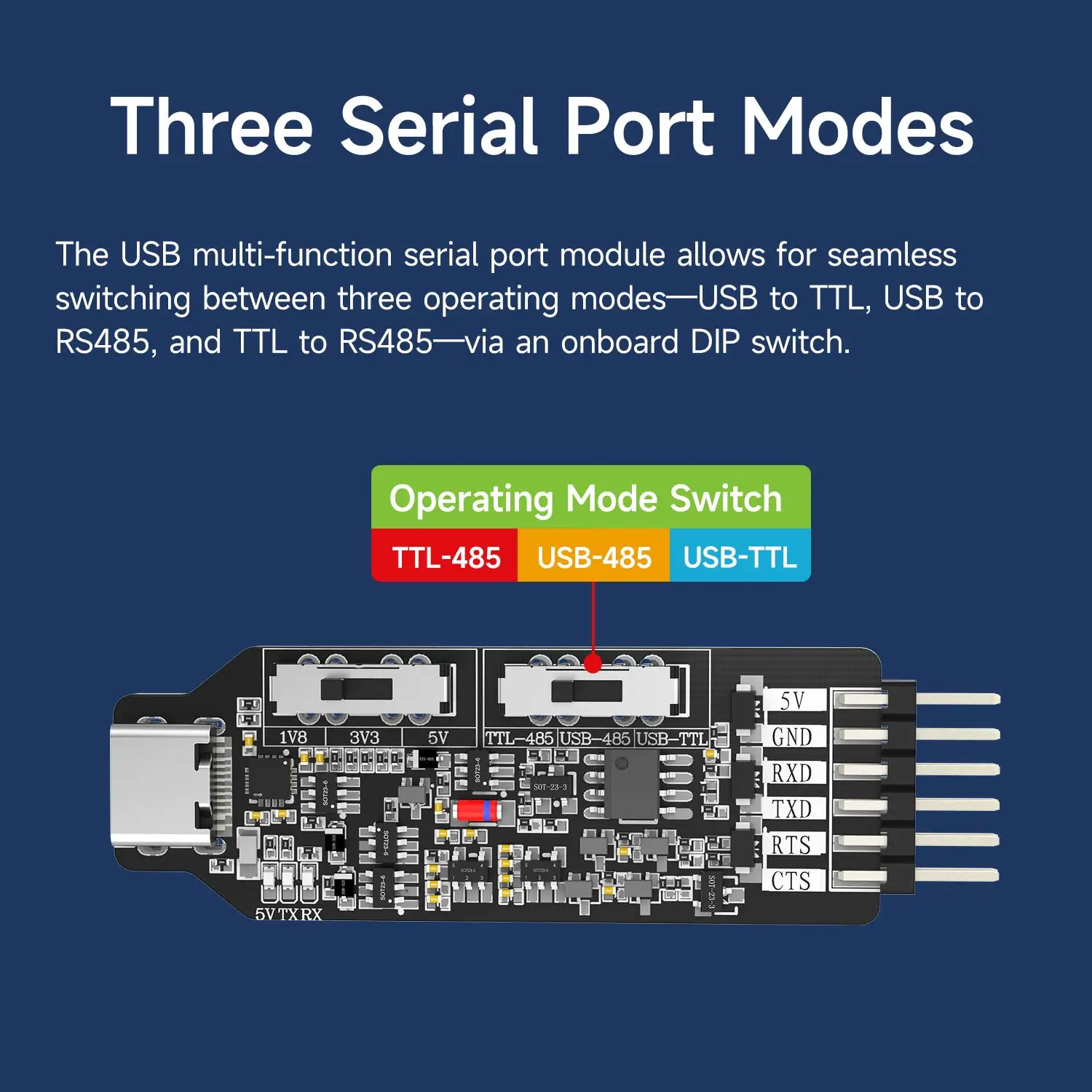 USB to TTL/USB to RS485/TTL to RS485 3-In-1 직렬 포트 변환기 Type-C 인터페이스 통신 모듈 1.8V/3.3V/5V 레벨스위치