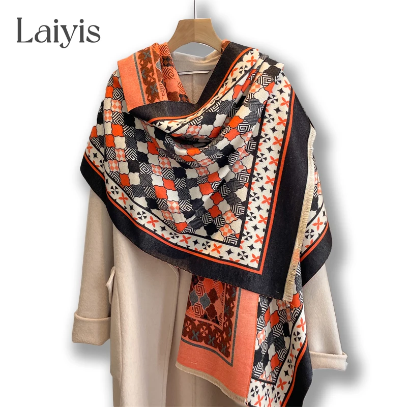 

2022 Luxury Winter Cashmere Scarf for Women Warm Plaid Pashmina Thick Blanket Shawl and Wraps Neckerchief Stoles Budanda Poncho