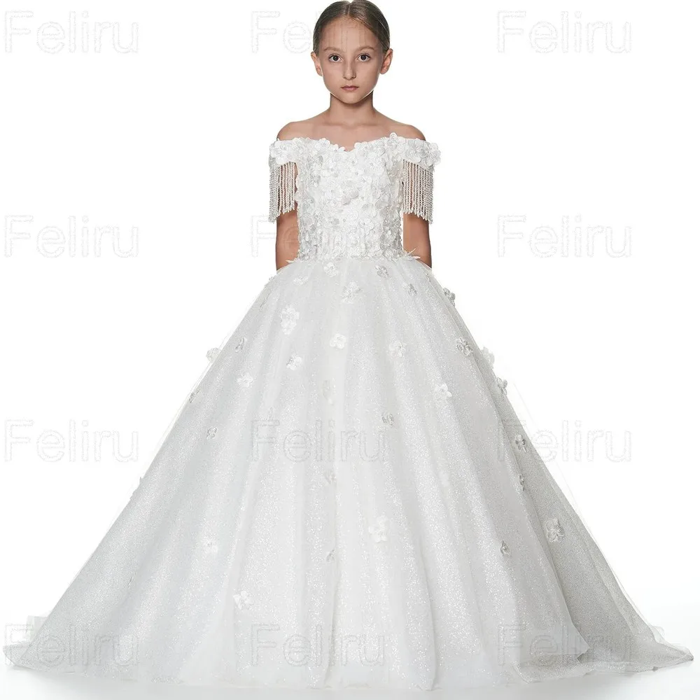 

Exquisite Flower Girl Dresses Baptism Communion Party Gown Floral Off Shoulder Lace Blouse with Crystals Tassel for Wedding