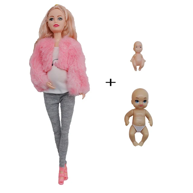 Educational Toy Pregnant Dolls for Children with Two Babies and Random Shoes Accessories Fashion Clothes Gift for Barbiess Games - pink coat