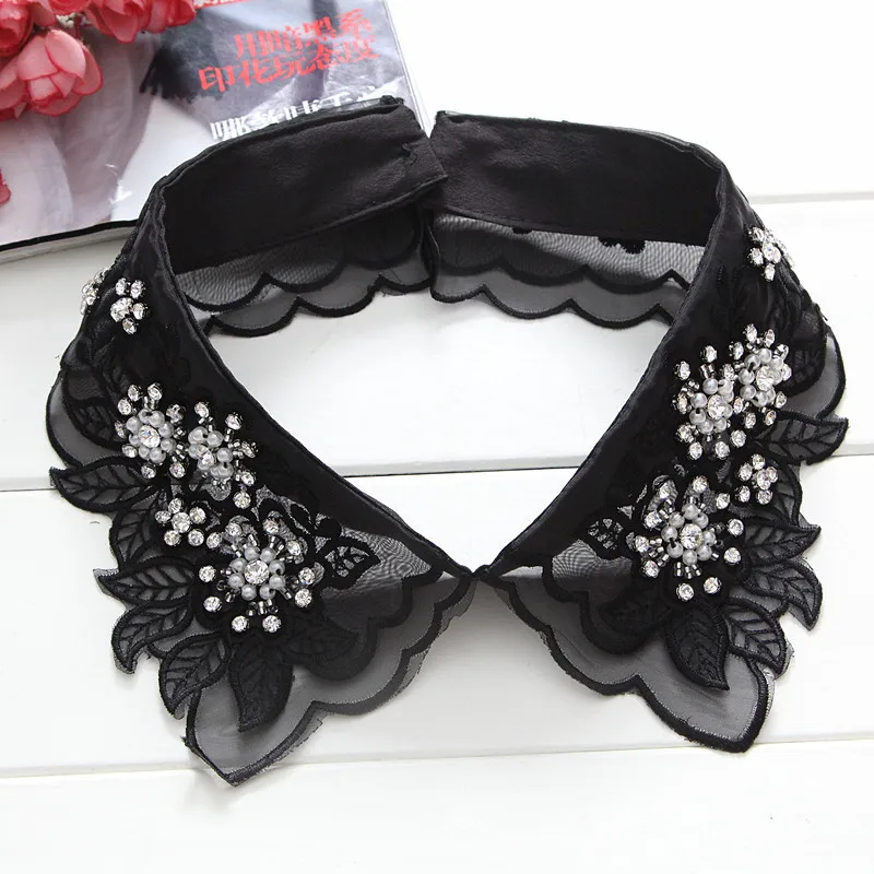 

Women Cotton Fake Collar Handmade Beaded Detachable Solid Color Shirt Lace False Collar Blouse Top Women Clothes Decoritive