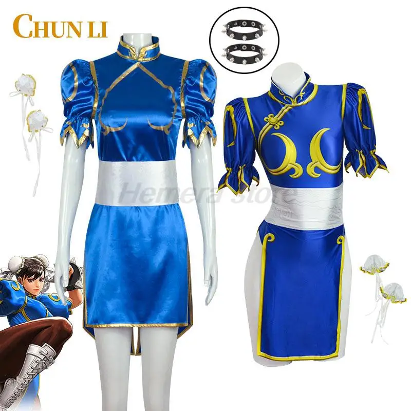 

Chun Li Cosplay Dress Costume Game SF Chunli Role Play Blue Qipao Outfit Full Set Jackie Kung fu Halloween Party Suit For Fun