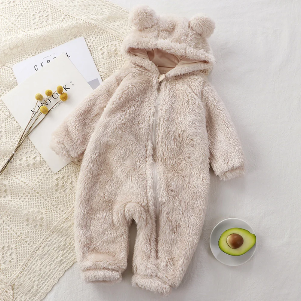 Winter Baby Rompers Girls Solid Fleece Warm Soft Bear Ear Jumpsuit Infant Hooded Long Sleeve Skin-Friendly Rompers Baby Clothes baby rompers baby jumpsuit