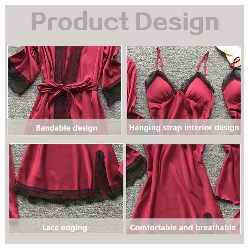 Women pajamas set 4 Pieces Sexy Lace Fashion V-Neck Gown Comfort With Chest Pads Nightdress Casual Loungew