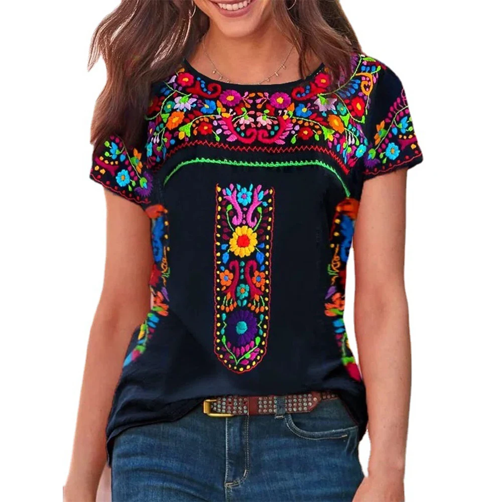 

Beach Boho T-shirt Women O-Neck Blouse Boho Casual T Shirt Blouse Loose Summer Tops Plant&Flowers Round Neck Short Sleeve