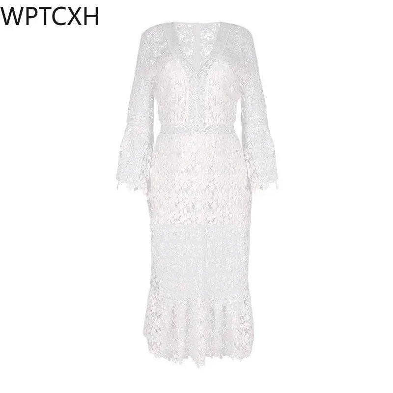 

Lady Casual Hollow Out Party ALine Dress Lace Long Dress Women Elegant Sexy Vneck Summer Fashion White Flare Sleeve Dress