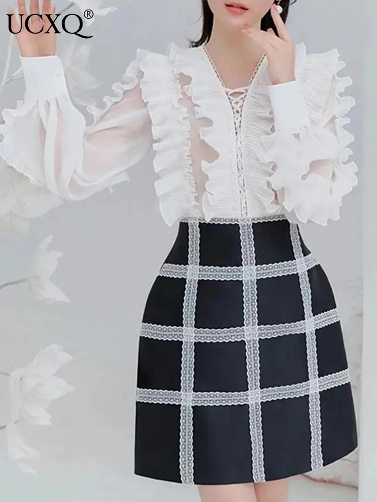 

UCXQ Модные женские Комплекты элегантные съедобные деревья гриб V-образный вырез длинный рукав рубашка юбка комплект из двух частей для женщин 2024 весна лето A9234