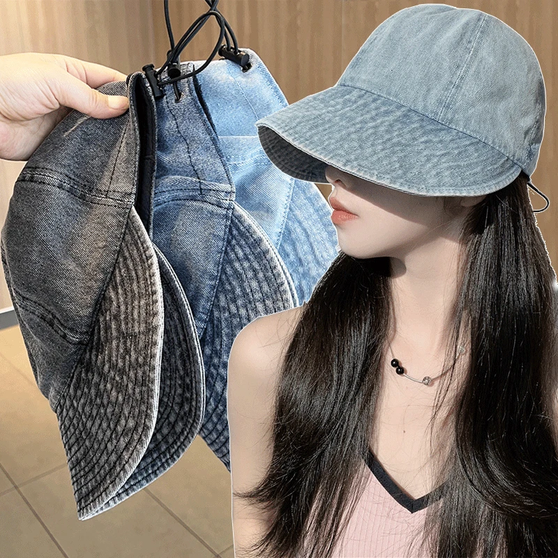 

Korean Washed Denim Fisherman Hat Spring Summer Women Wide Brim Sun Protection Hats All-match Adjustable Drawstring Baseball Cap