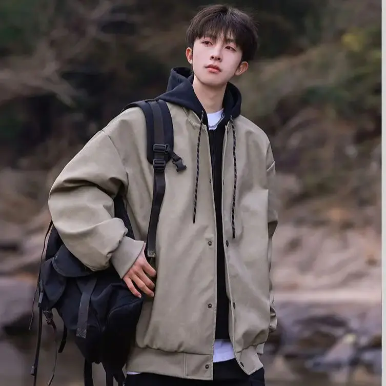False Two-layer Hooded Jacket Coat Pilot Standing Collar Punching Jacket Casual Boys Waterproof Windproof Warmth Soft