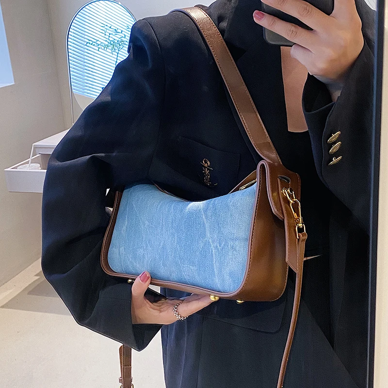 

2023 Fashion Women Pu Leather Handbag Large Capacity Denim Shoulder Bags For Women Casual Zipper Clutch Phone Sac Crossbody Bags