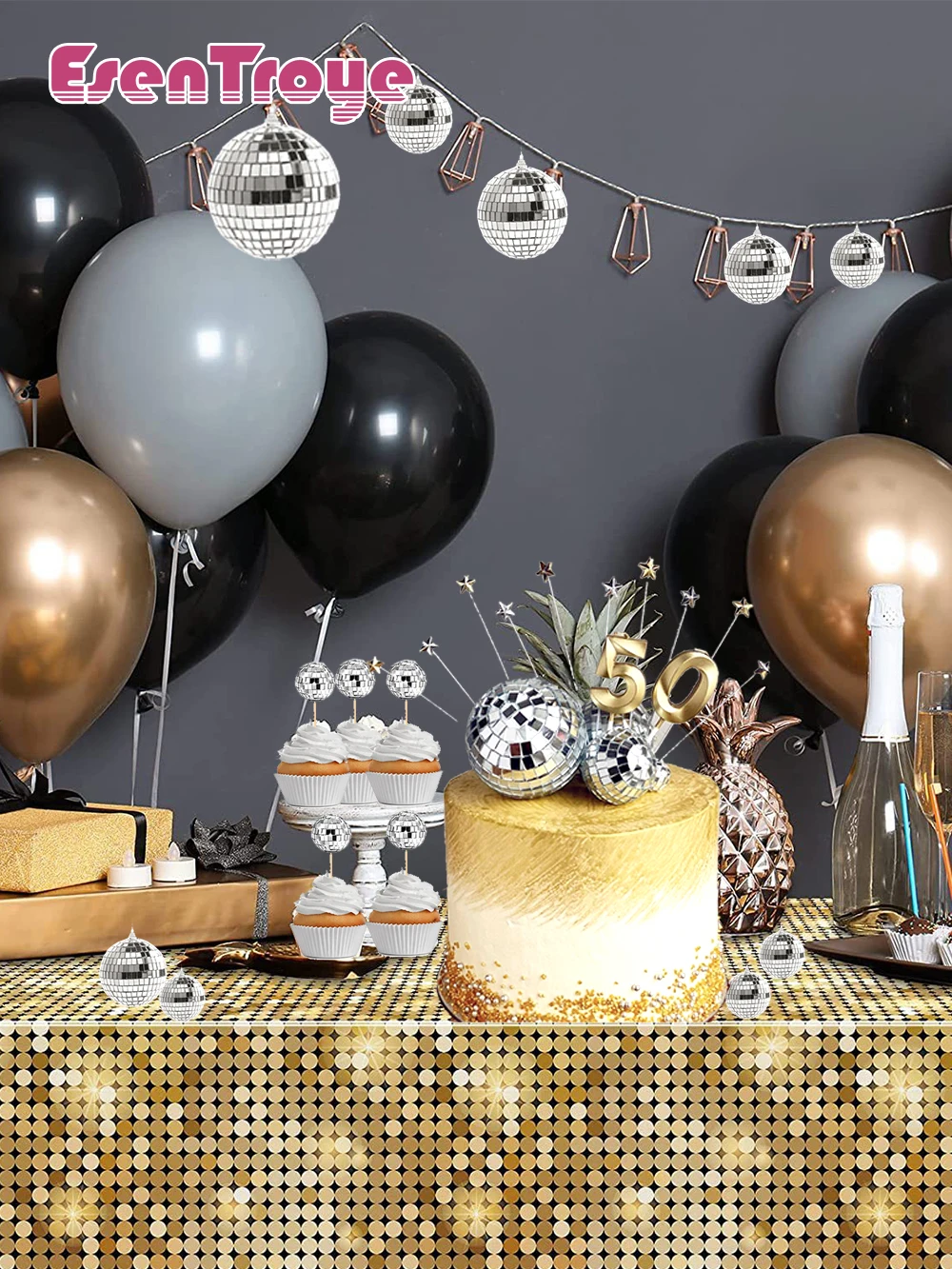 Disco-Party-Dekorationen, Spiegelkugel, hängende Anhänger, Kuchendekoration, Kunststoff-Tischdecke für 70er, 80er, 90er-Jahre, Geburtstagsfeier, Hochzeitsgeschenke – Detail 1