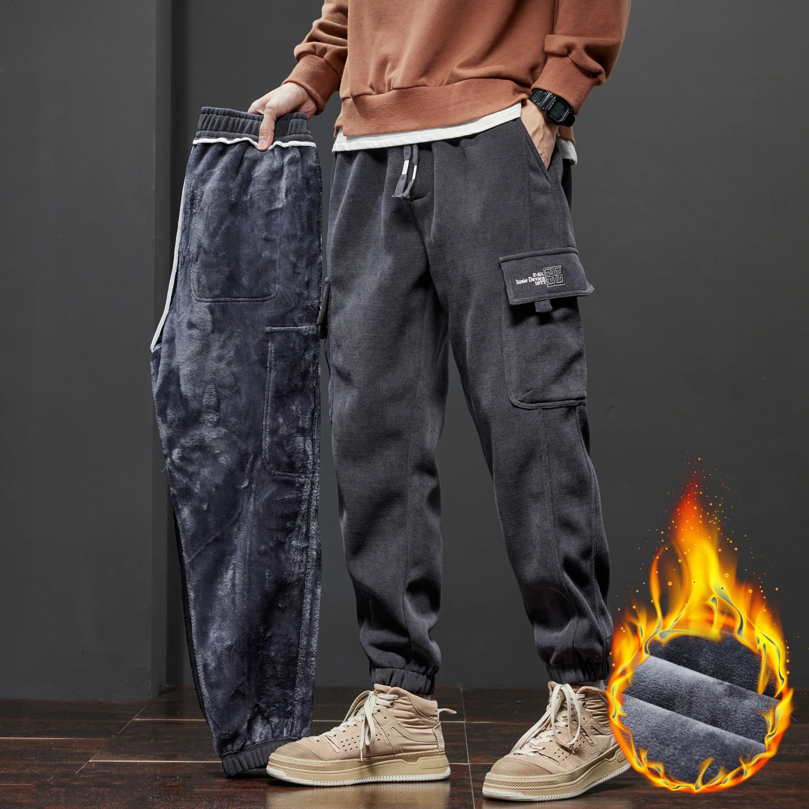 

2023 Winter Men's Fleece Warm Casual Pants Jogging Sweatpants Male Harajuku Y2k Pants Loose Streetwear Harem Trousers for Men