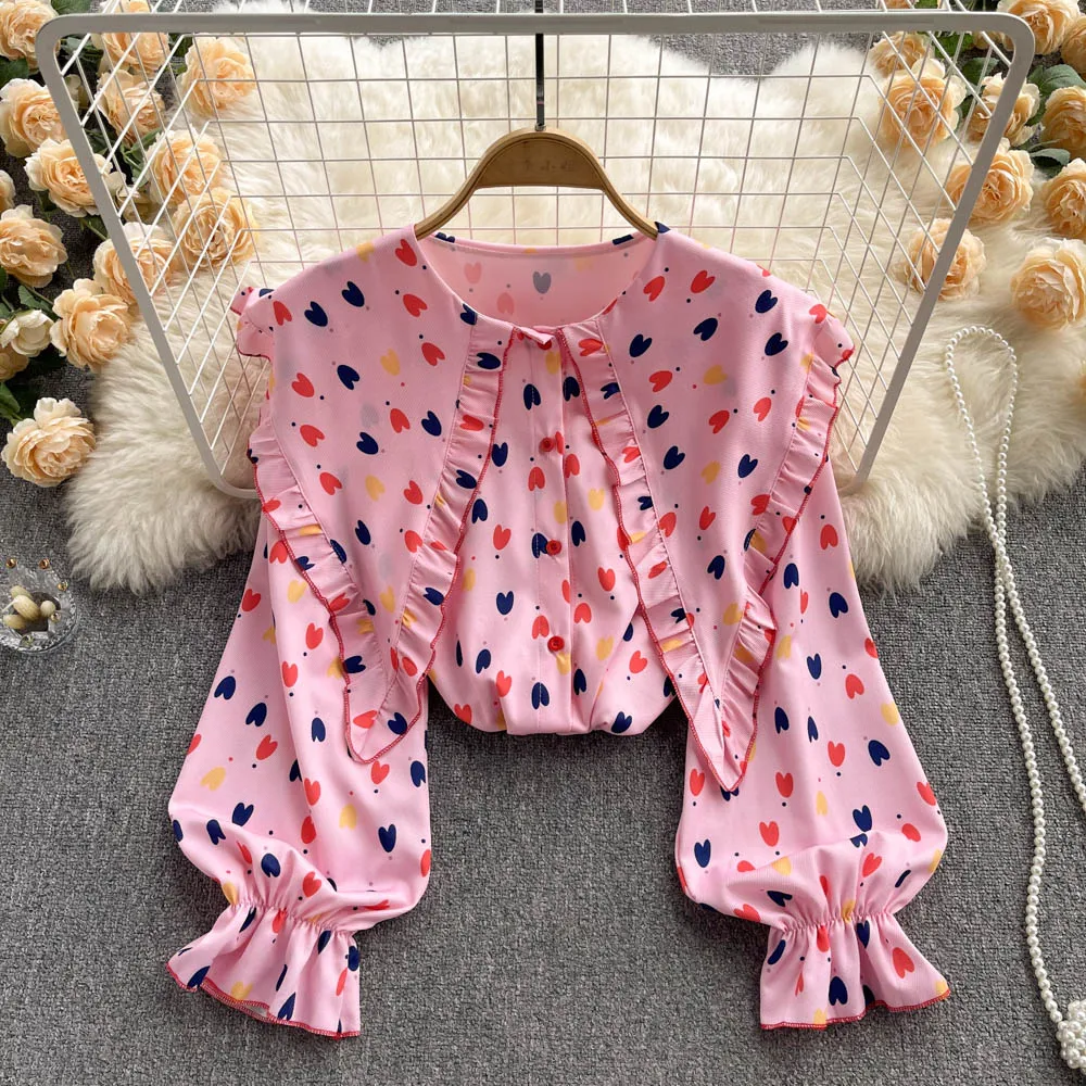 

French Sweet Love Printed Baby Collar Shirt Women's Long Sleeve 2022 Spring and Autumn Frosted Chic Top Design Sense of Minority