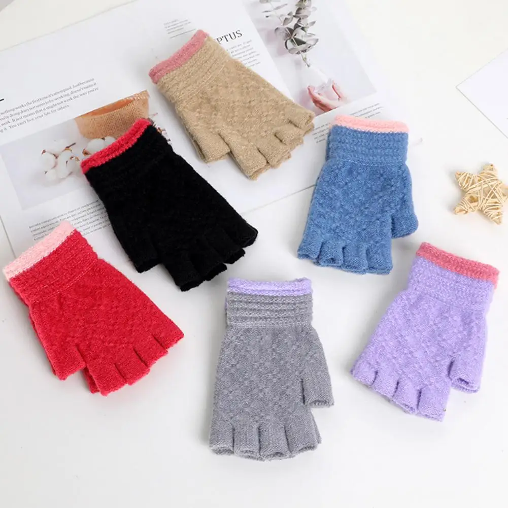 

1 Pair Half-finger Gloves Knitted Contrast Color Elastic Warm Anti-shrink Anti-slip Windproof Soft Cozy Warm Cold Resistant Stud