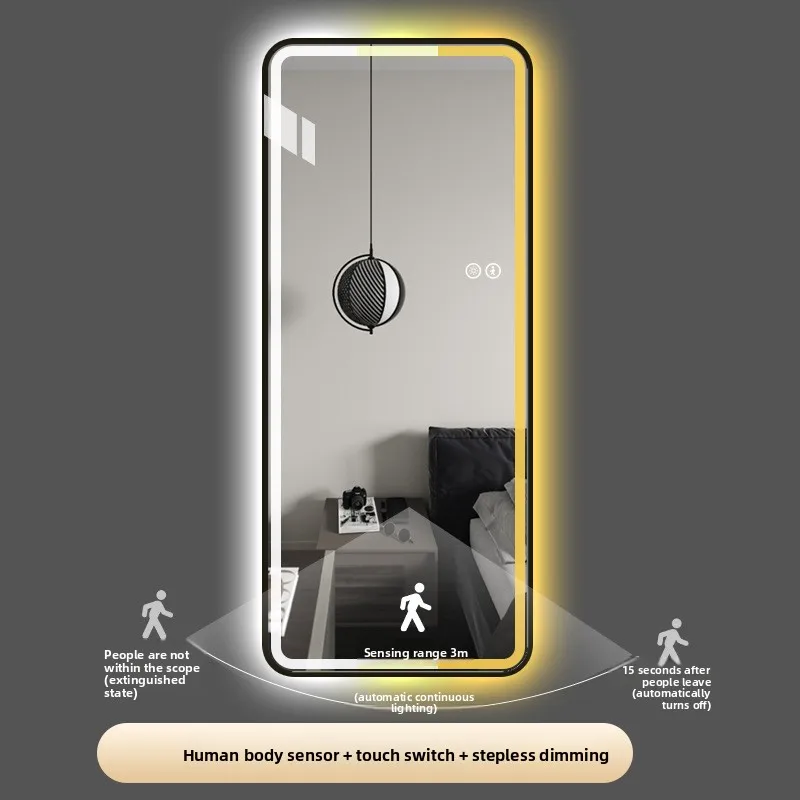 Square Full-length Mirror Full-body Mirror Smart LED Light Luminous Long with Metal Frame Plugged in Makeup Vanity