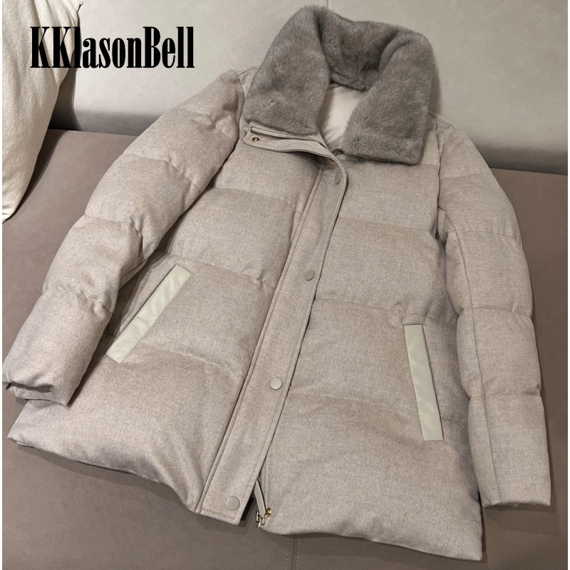 

11.15 KKlasonBell Keep Warm Mink Fur Collar Single Breasted Zipper Sheepskin Pocket Wool Goose Down Jacket Women
