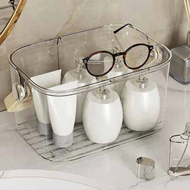 Large Transparent Plastic Bath Storage Basket With Lid And Hollow Bottom For Bathroom Organization