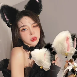 Sexy Girls Cat Ears Headband Lace Bow Necklace Plush Bell Hairband Cosplay Fur Bell Cat Ear Hairband Night Party Club Headbands
