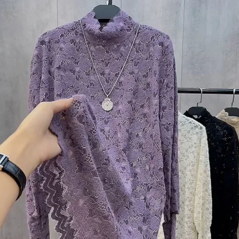 2023 Autumn New Women Solid Lace Turtleneck Long Sleeve Top Commuter Korean Vintage Versatile Reduced Age Hollow Out Shirt
