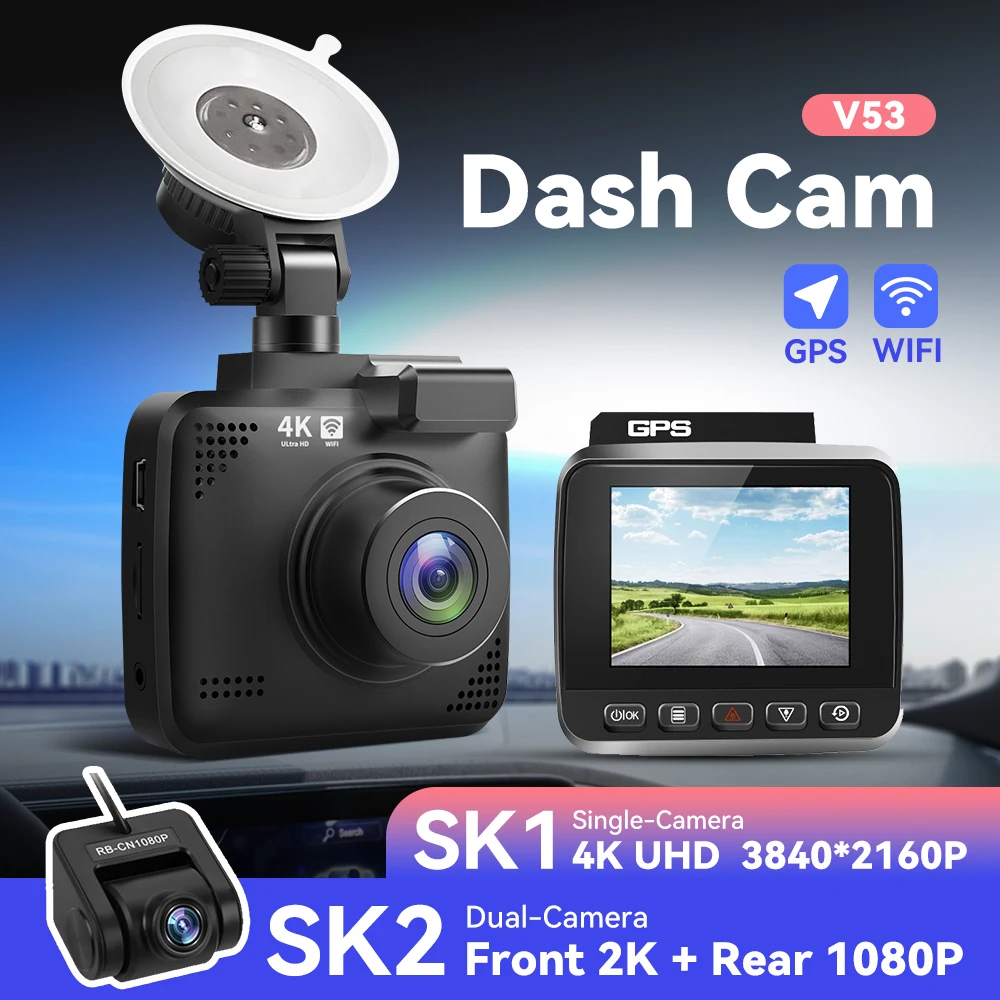 Dash cam single recording 4K, dual recording front 2K rear 1080P with WiFi GPS tracking