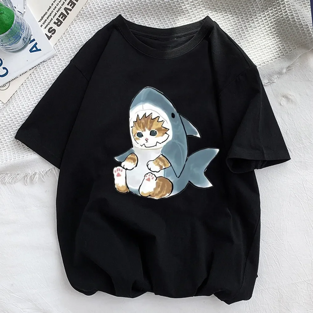 Tops Woman 2024 T Shirt Kawaii Cat Shark Print T-shirt Summer Korean Harajuku Fashion Short Sleeve Tee Funny Animal Graphic Tee 2