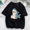 Tops Woman 2024 T Shirt Kawaii Cat Shark Print T-shirt Summer Korean Harajuku Fashion Short Sleeve Tee Funny Animal Graphic Tee 2