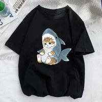 Tops Woman 2024 T Shirt Kawaii Cat Shark Print T-shirt Summer Korean Harajuku Fashion Short Sleeve Tee Funny Animal Graphic Tee 2