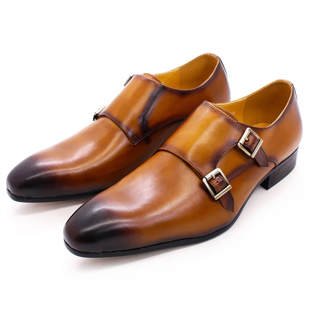 Mens Monk Strap Formal Shoes Genuine Leather Business Double Buckle Office Dress Shoes for Men