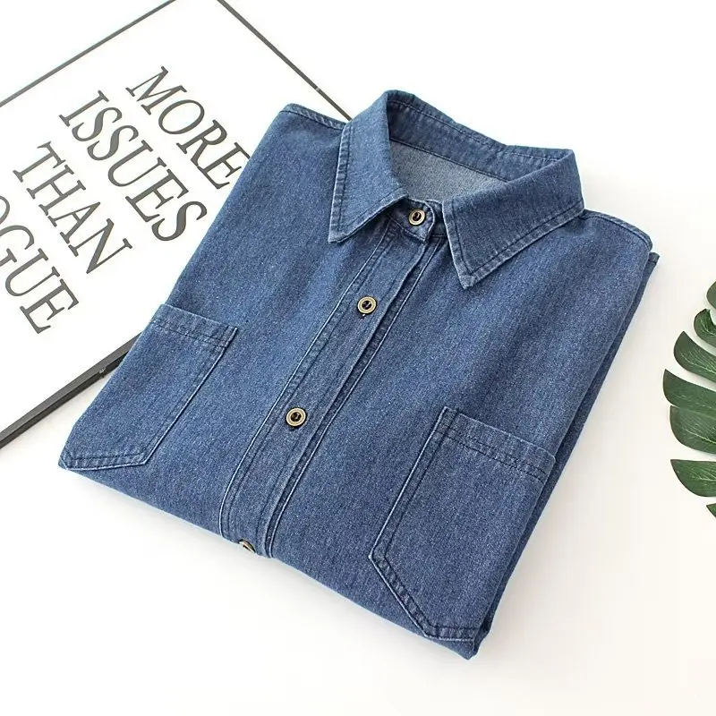 Simple Denim Shirt Women Plus Size Autumn Winter Casual Clothing Fashion Two Pockets Long Sleeves Jean Outwear F11 7456