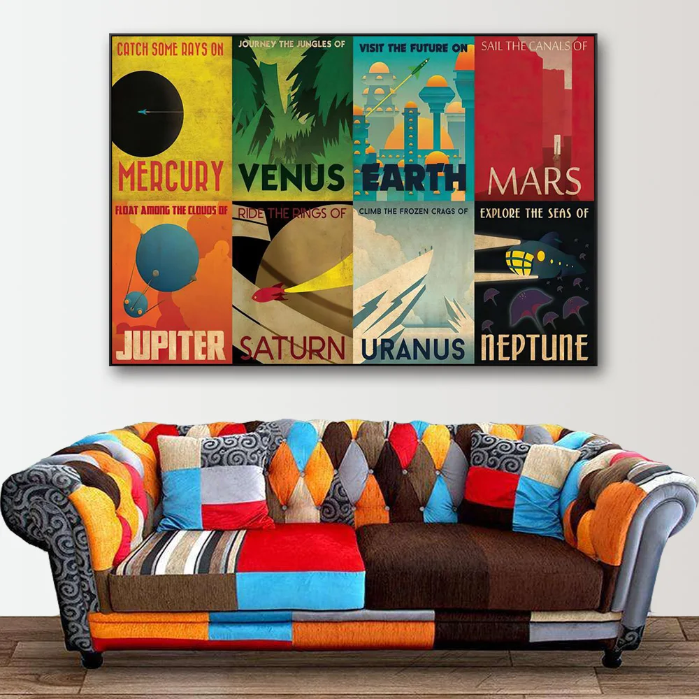 Retro Futurism Planetary Travel Posters And Prints Mars Earth Planets  Canvas Wall Decor Vintage Art Painting For Living Room