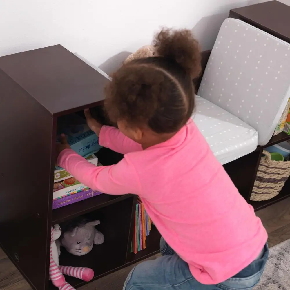 Wooden Bookcase Kids with Reading Nook 6 Shelves Cushioned Seating Storage Solution Ideal Playroom Organization 5