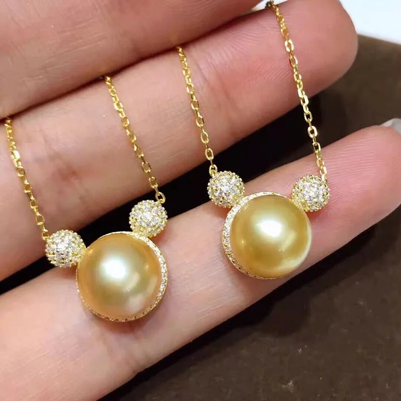 

AAAAA 9-10mm South China Sea Authentic Gold Pearl Pendant Necklace 925S