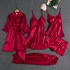 5PC Silk Robe Sleep Suit - Woman's Lace Satin Pajamas Gown Set