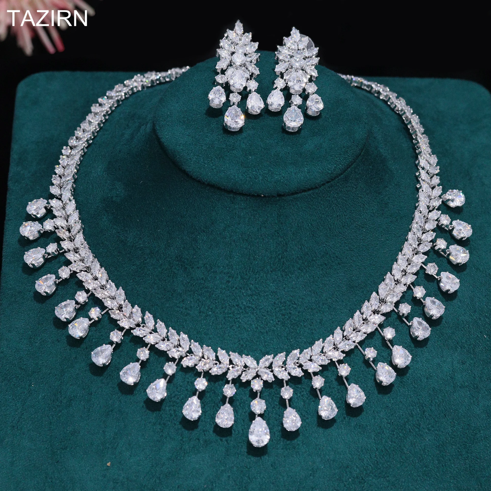 

TAZIRN White Color Cubic Zirconia 2PCS Wedding Jewelry Set for Women Bridal CZ Tassel Water Drop Necklace and Earrings Sets