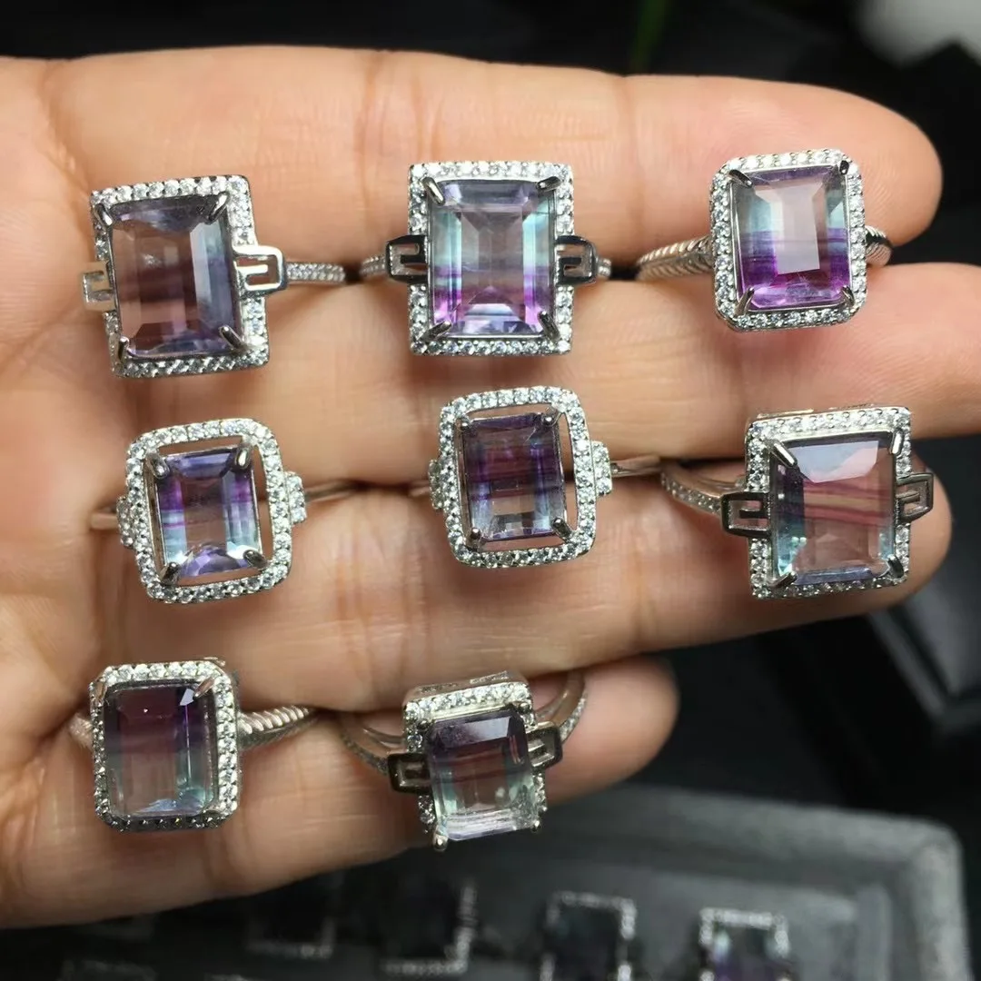 

1 Pc Fengbaowu Natural Rainbow Fluorite Square Ring 925 Sterling Silver Crystal Reiki Healing Stone Fashion Jewelry Gift