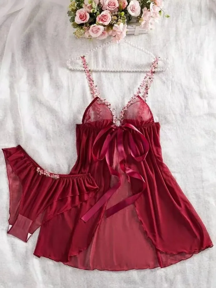 Sexy Nightgowns Women's Front Open Mesh See-through Slit Nightdress Sleepwear Pajamas Sexy Nighties Lingerie Nightwear