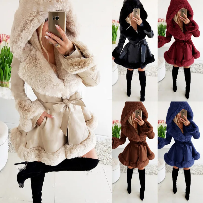 

Women Fashion PU Leather Tie Belt Waist Long Coats 2023 Side Pockets Jackets Elegant Solid Faux Fur Jacket Female Overcoat Lady