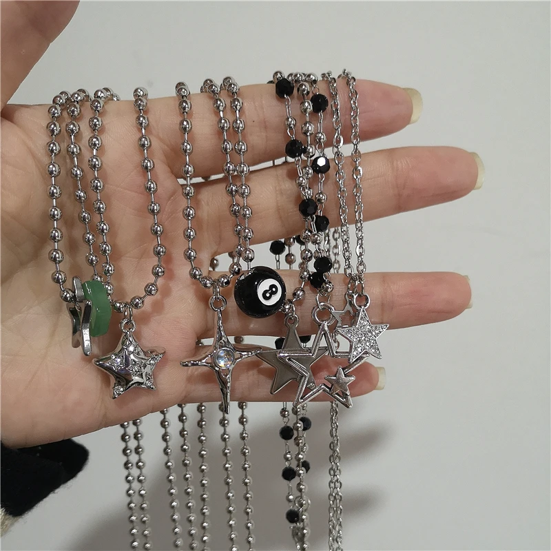 Trendy Vintage Punk Silver Color Star Pendant Bead Necklace for