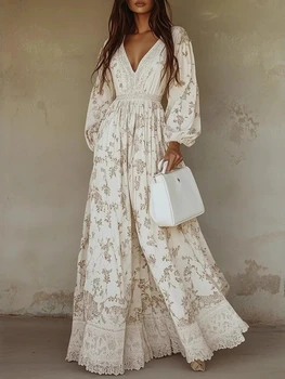 Elegante Abito Lungo con Maniche a Lanterna e Orlo Ampio, Vestito da Sera con Inserti in Pizzo, Nuovo Abito Stile Bohemien con Stampa e Scollo a V 2026