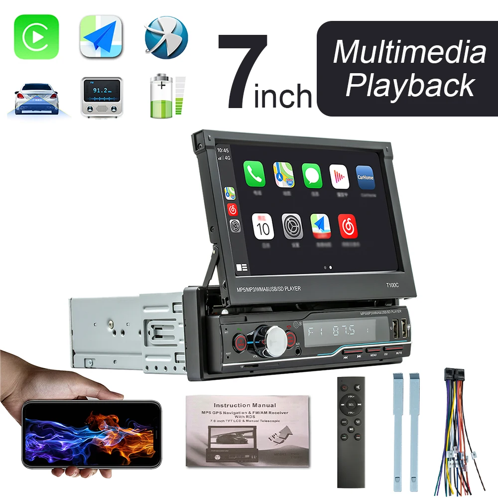 

1 Din Apple Carplay Car Radio Retractable Screen Android-Auto Bluetooth Handsfree Mirror Link MP5 Player USB TF Head Unit T100C
