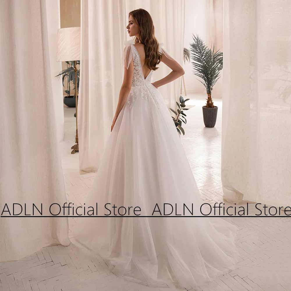 Vestidos De Novia Wedding Dress for Woman Tulle A-line Bride Gown Sleeveless V Neck Applique Sweep Train Backless Bridal Dresses