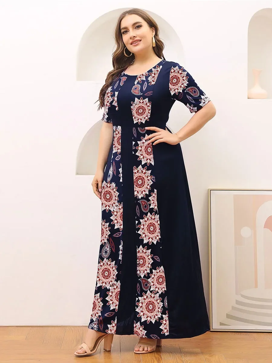 

Fashion Dubai Abayas Boho Plus Size Dress for Women Slim Muslim Printed Long Dress Summer Short Sleeve Beach Dress Turkey Kaftan