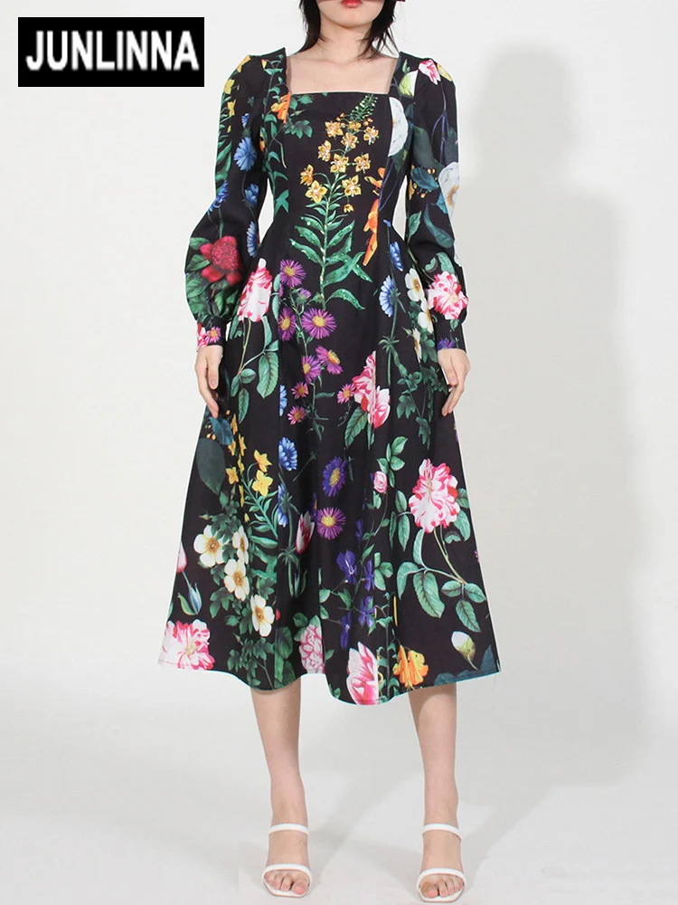 

JUNLINNA Fashion Runway Sequins Beading Dresses Women Square Collar Long Sleeve Elegant Printing Vestidos Party Vacation Sliming
