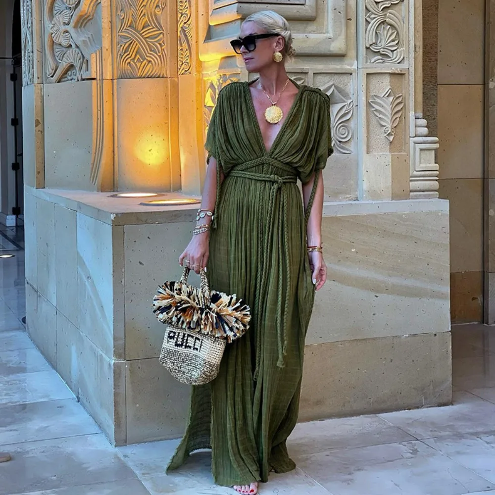 

Green Bohemia Holiday Dress Women Elegant Solid Casual Loose Long Dresses Summer Sexy Split Backless Maxi Beach Dress 2024 New