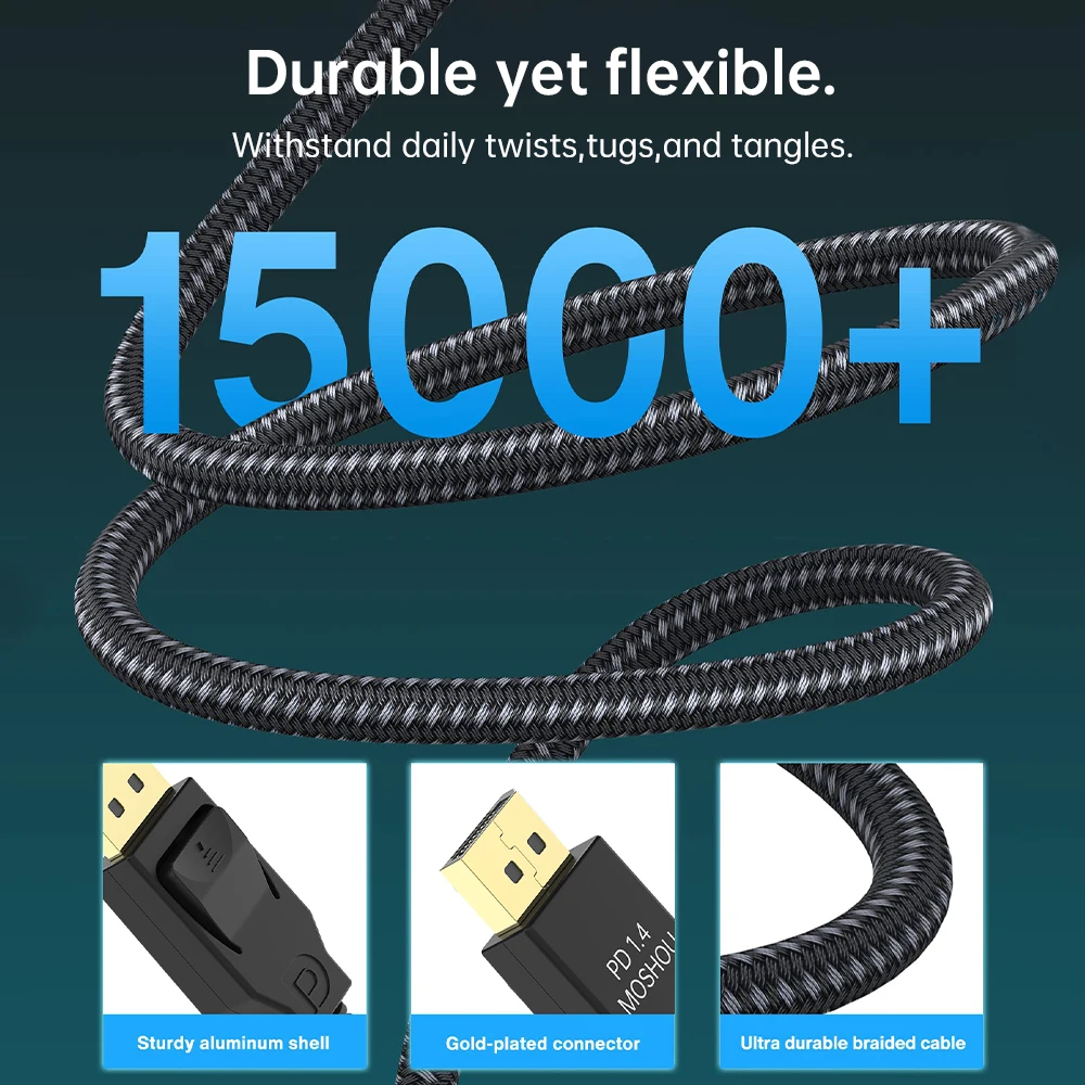 MOSHOU 게이밍 모니터 그래픽용 디스플레이 포트 1.4 케이블, HDR HDCP 2.2 FreeSync G-Sync DP 1.4 편조 디스플레이 포트, 8k 32.4Gbps