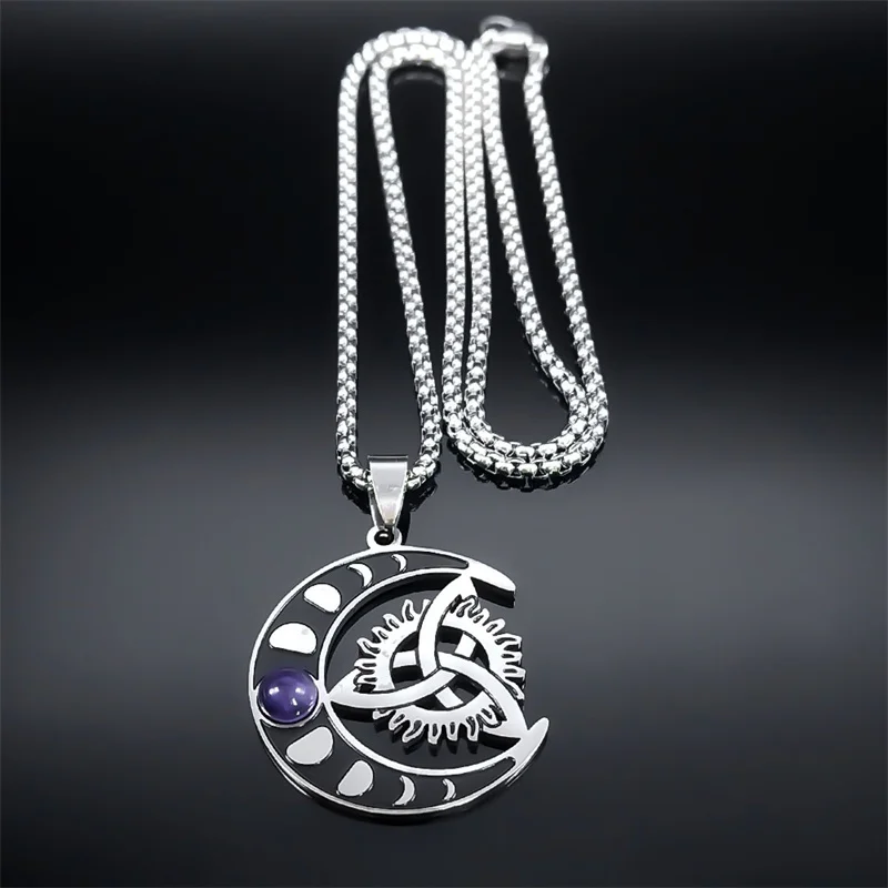 Wicca Halbmond Knoten Edelstahl Halskette für Frauen Männer Hexe keltische Dreieinigkeit Knoten Halsketten Schmuck Collier n8152s01 – Detail 5
