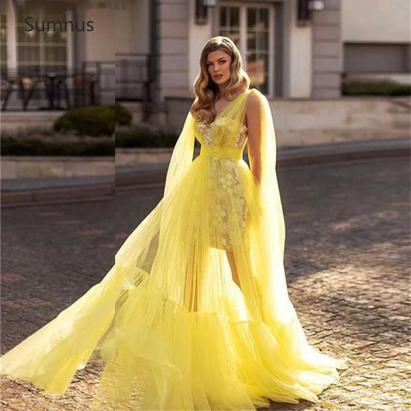 

Sumnus 2022 Yellow Boho Tulle Evening Dress A-line Lace Appliques Vestido De Fiesta De Boda See Through Long Evening Gown