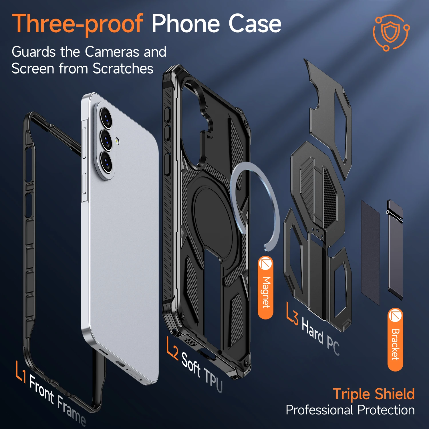 Rugged Armor Phone Case with Magnetic Stand and Rotating Cover