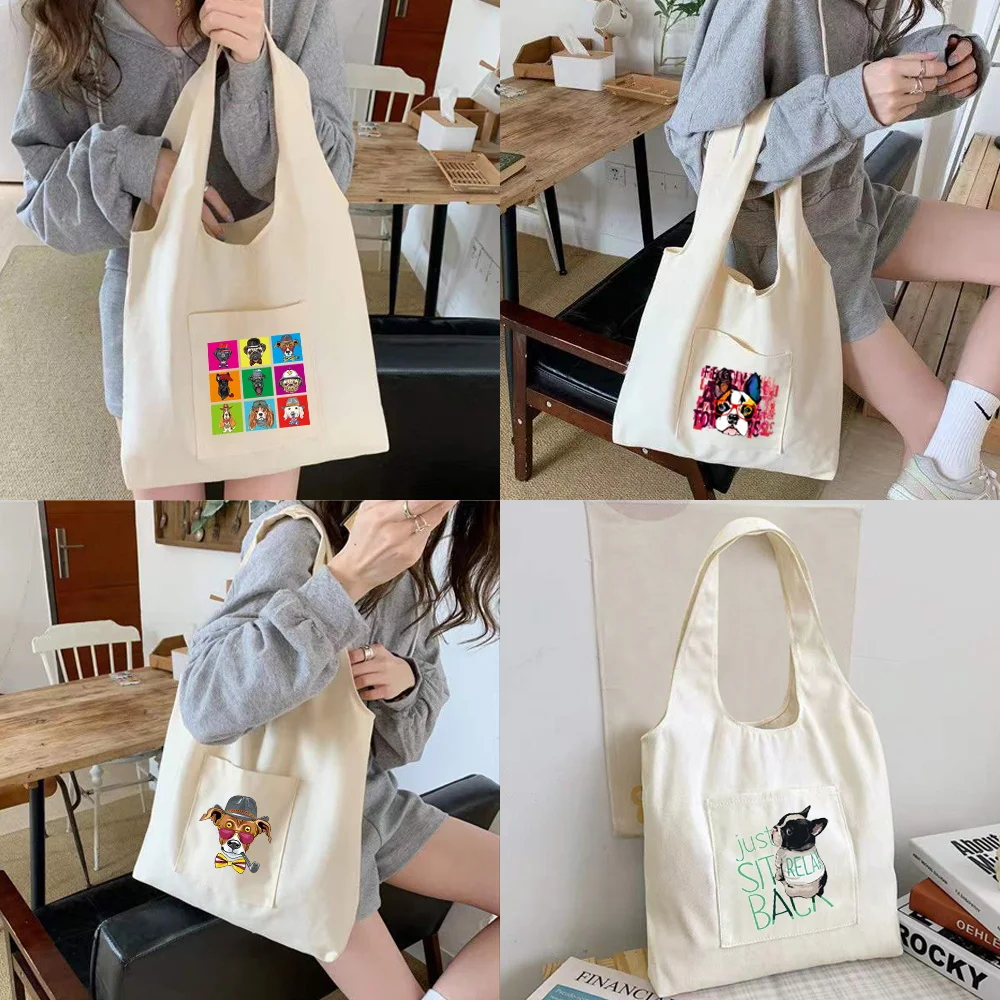 

Cute Dog Canvas Vest Shopping Bags Ladies Fashion Shoulder Bag Student Schoolbag Girls Casual Tote Bag New High Capacity Handbag
